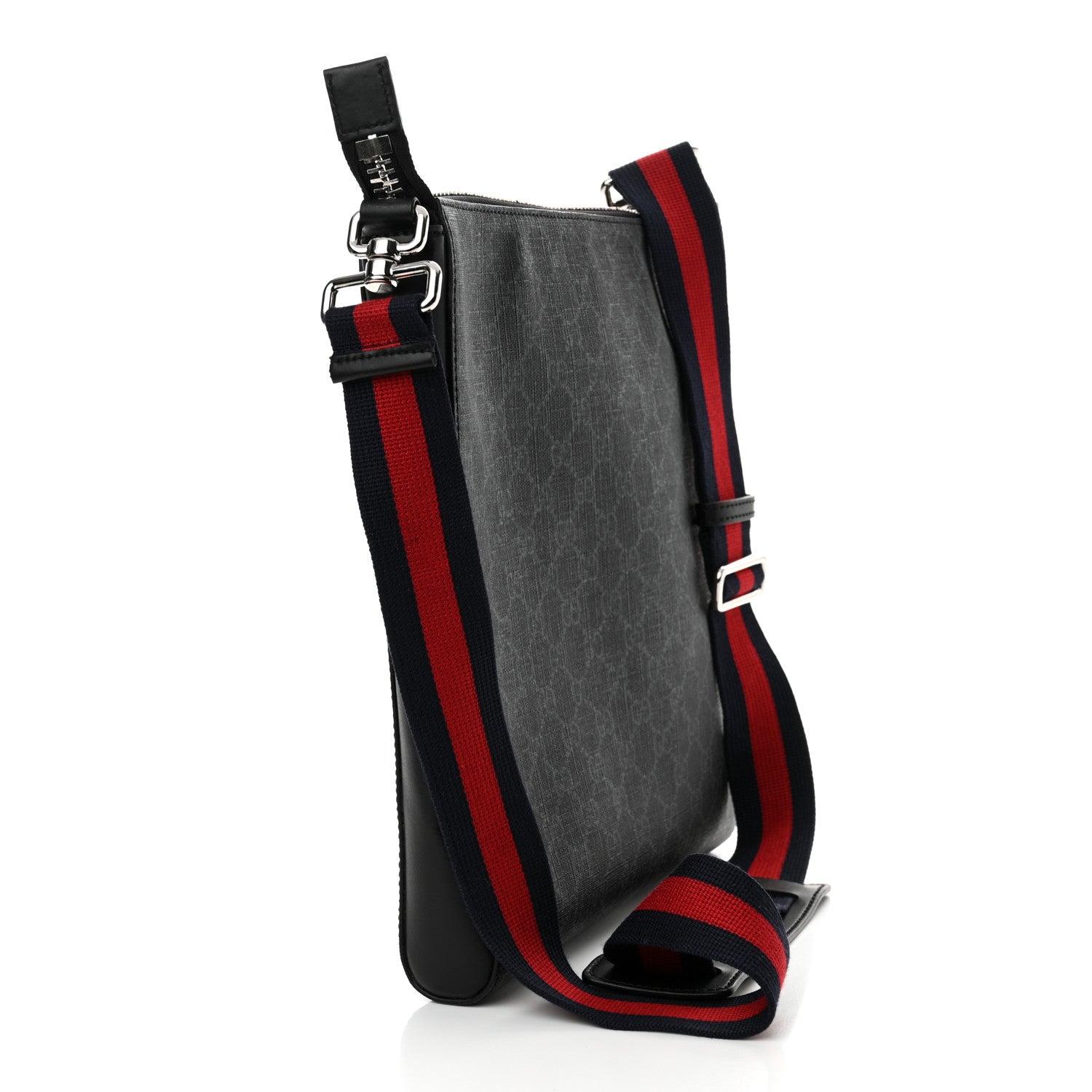 Gucci GG Supreme Monogram Appia Calfskin Web Flat Messenger Bag Black Grey 3 of 14