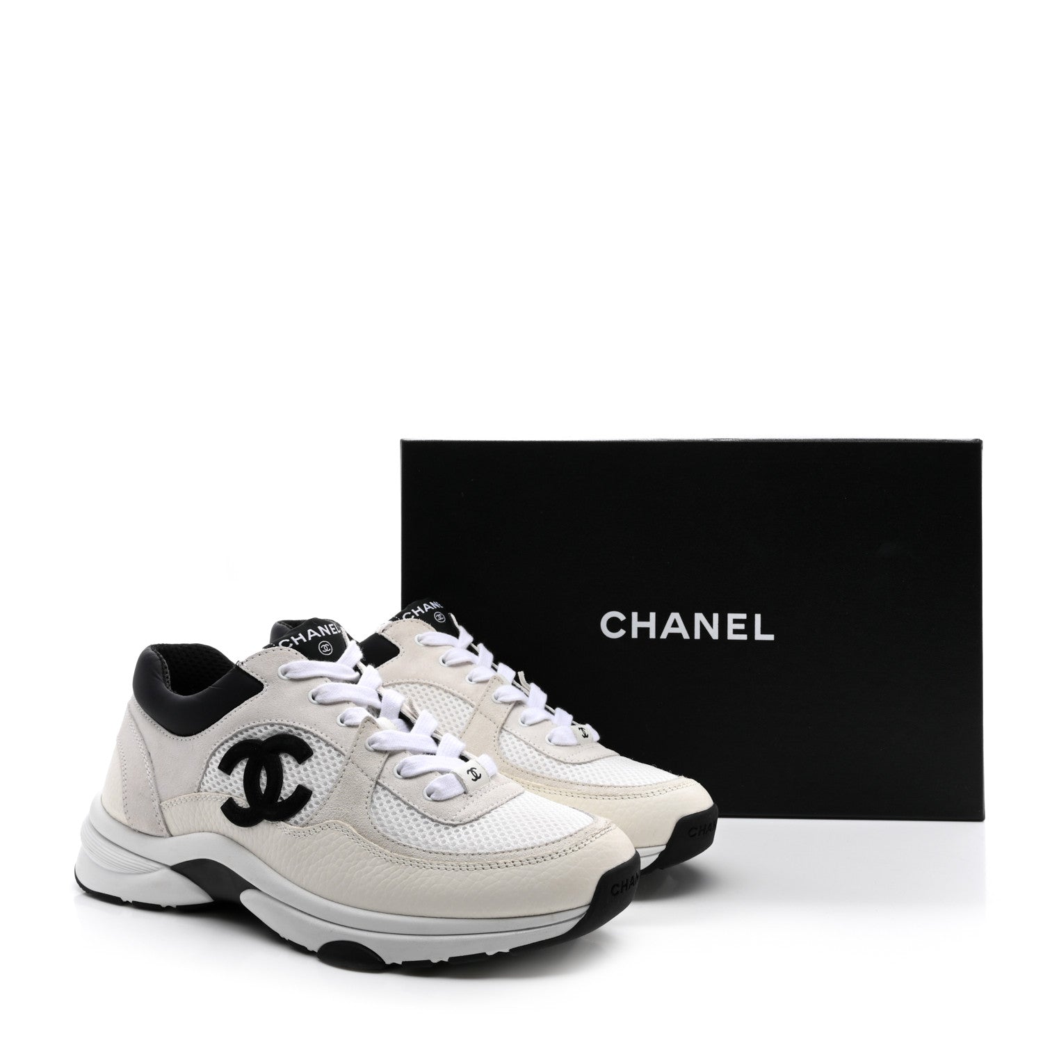 Chanel Mesh Suede Calfskin Grained Calfskin Womens CC Sneakers 39.5 White Black 12 of 12