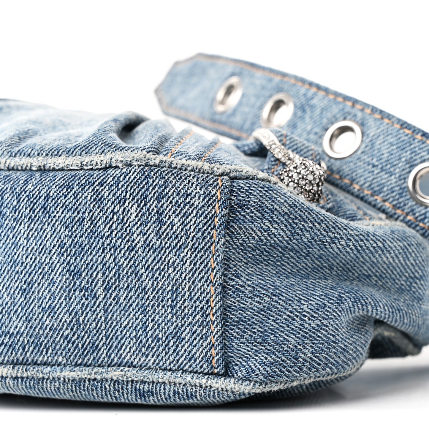Washed Frayed Denim Crystal Small Le Cagole Shoulder Bag XS Blue