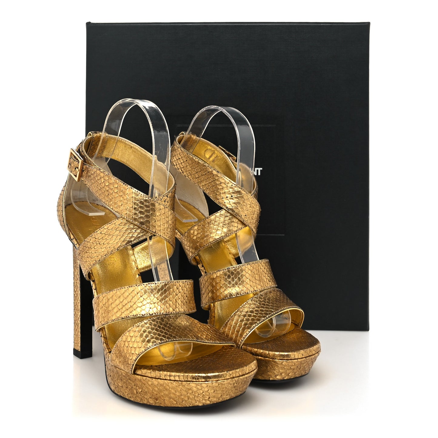 Calfskin Snakeskin Effect Cosmo Lame Platform Sandals 38 Gold