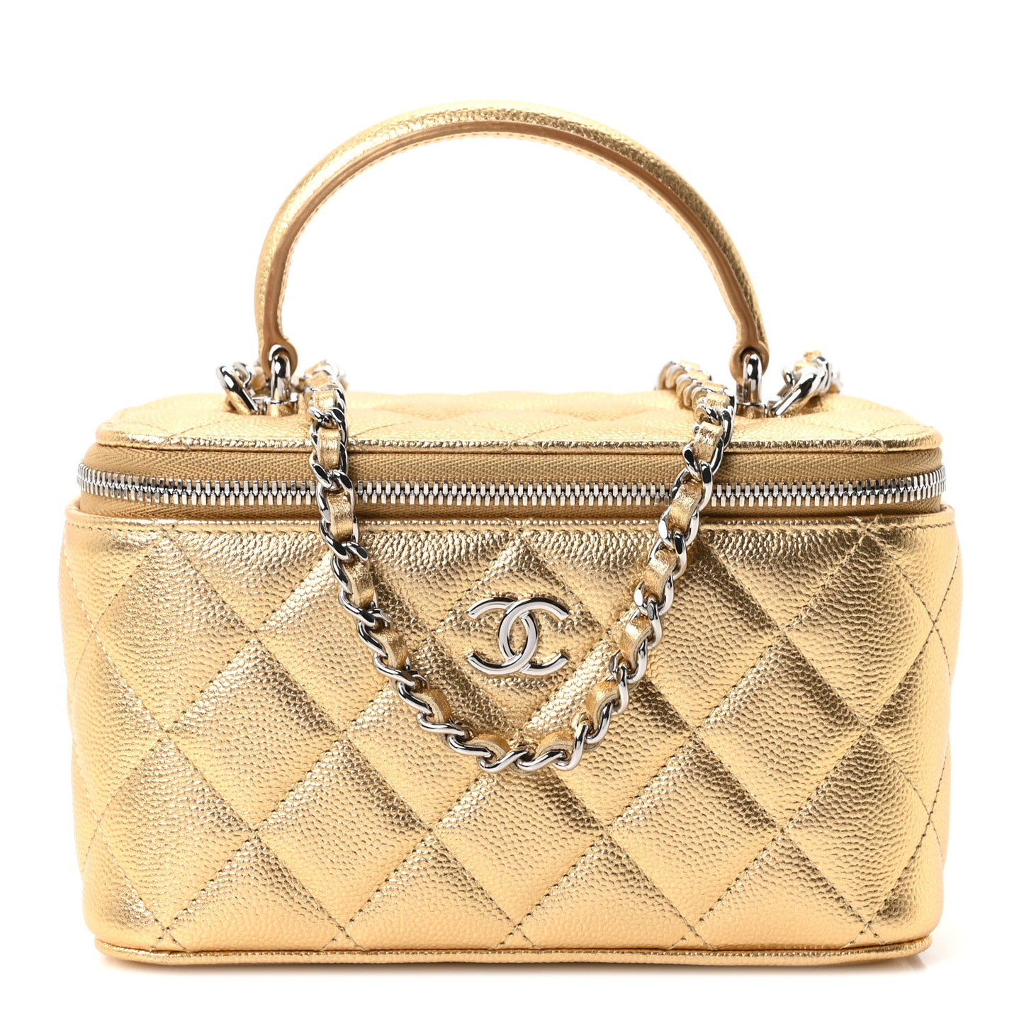 Metallic Caviar Quilted Small Top Handle Vanity Case With Chain Gold