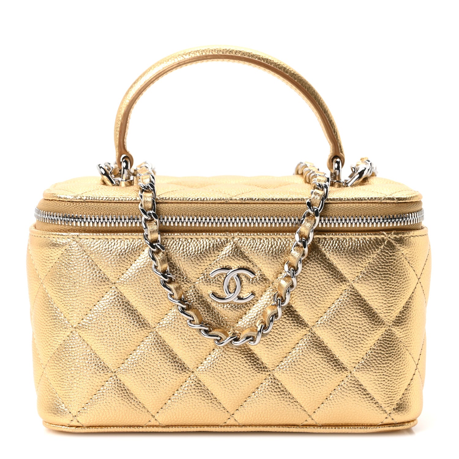 Chanel Metallic Caviar Quilted Small Top Handle Vanity Case With Chain Gold 1 of 11