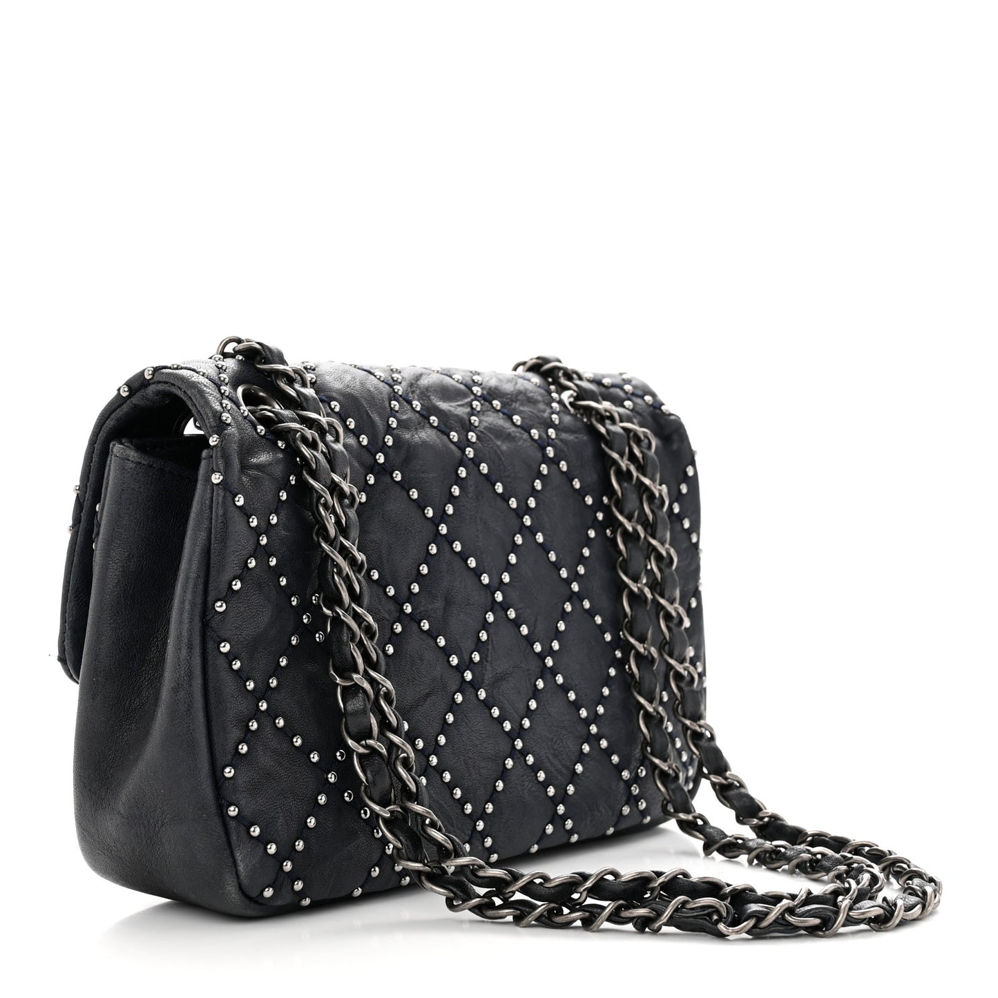 Washed Lambskin Studded Metal Beauty Flap Navy