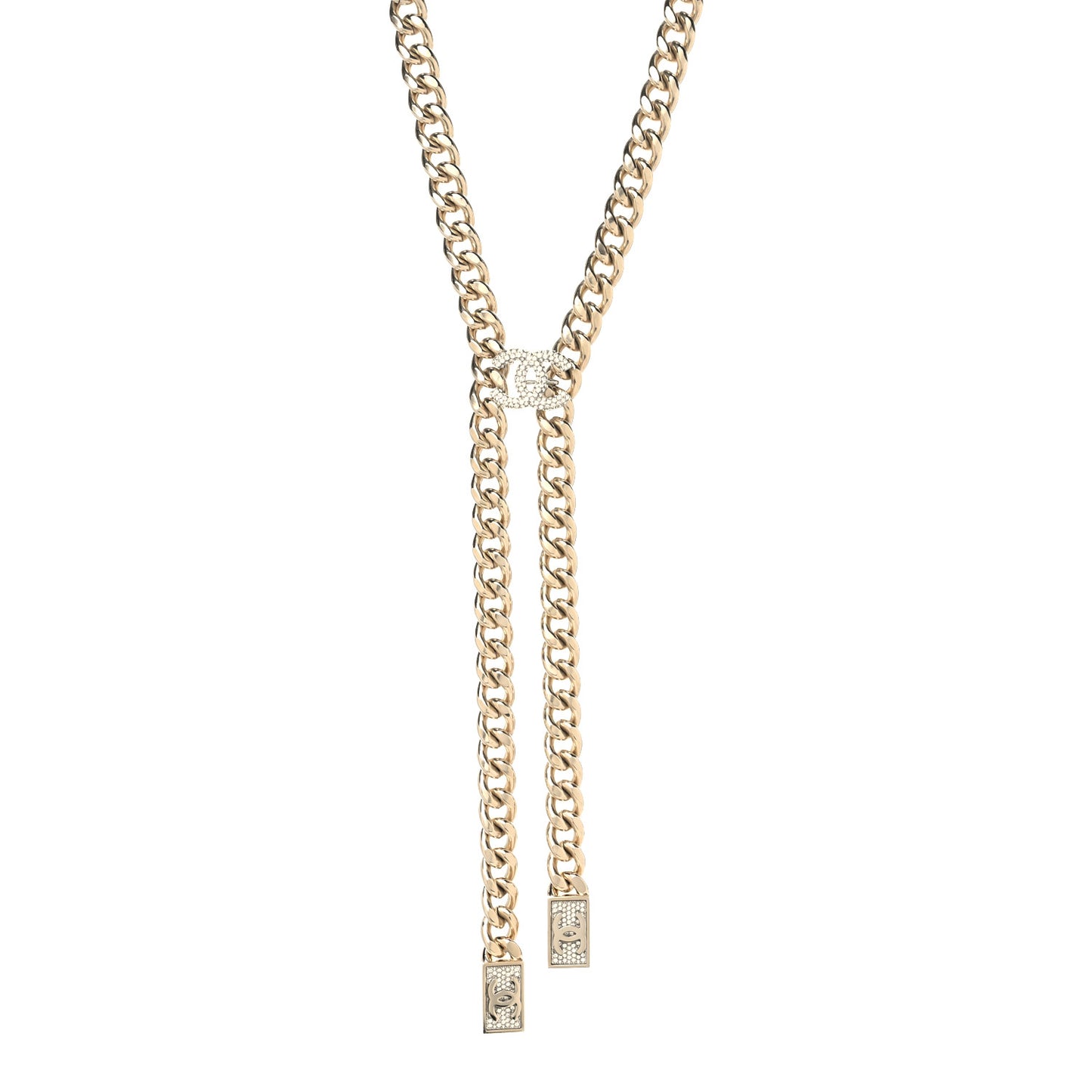 Chain Link Crystal CC Dog Tag Charm Necklace Gold