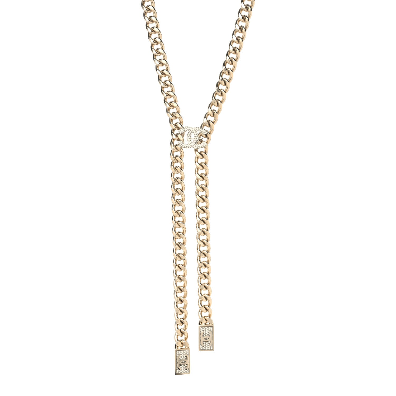 Chanel Chain Link Crystal CC Dog Tag Charm Necklace Gold 1 of 5