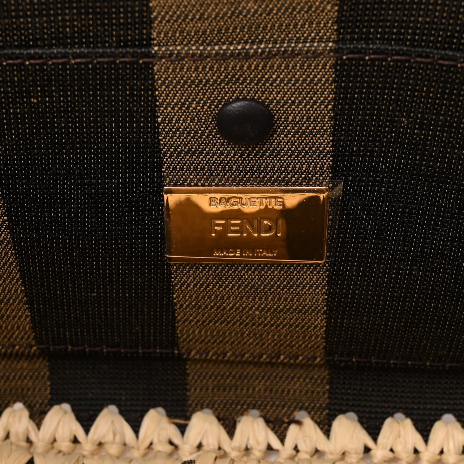 Fendi Fabric Jacquard Raffia Straw Pequin Gingham Woven Baguette Beige Black Natural 6 of 9