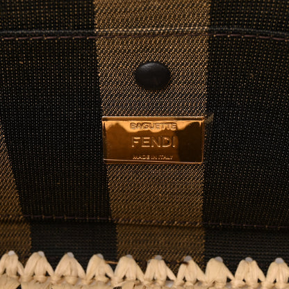 Fendi Fabric Jacquard Raffia Straw Pequin Gingham Woven Baguette Beige Black Natural 6 of 9