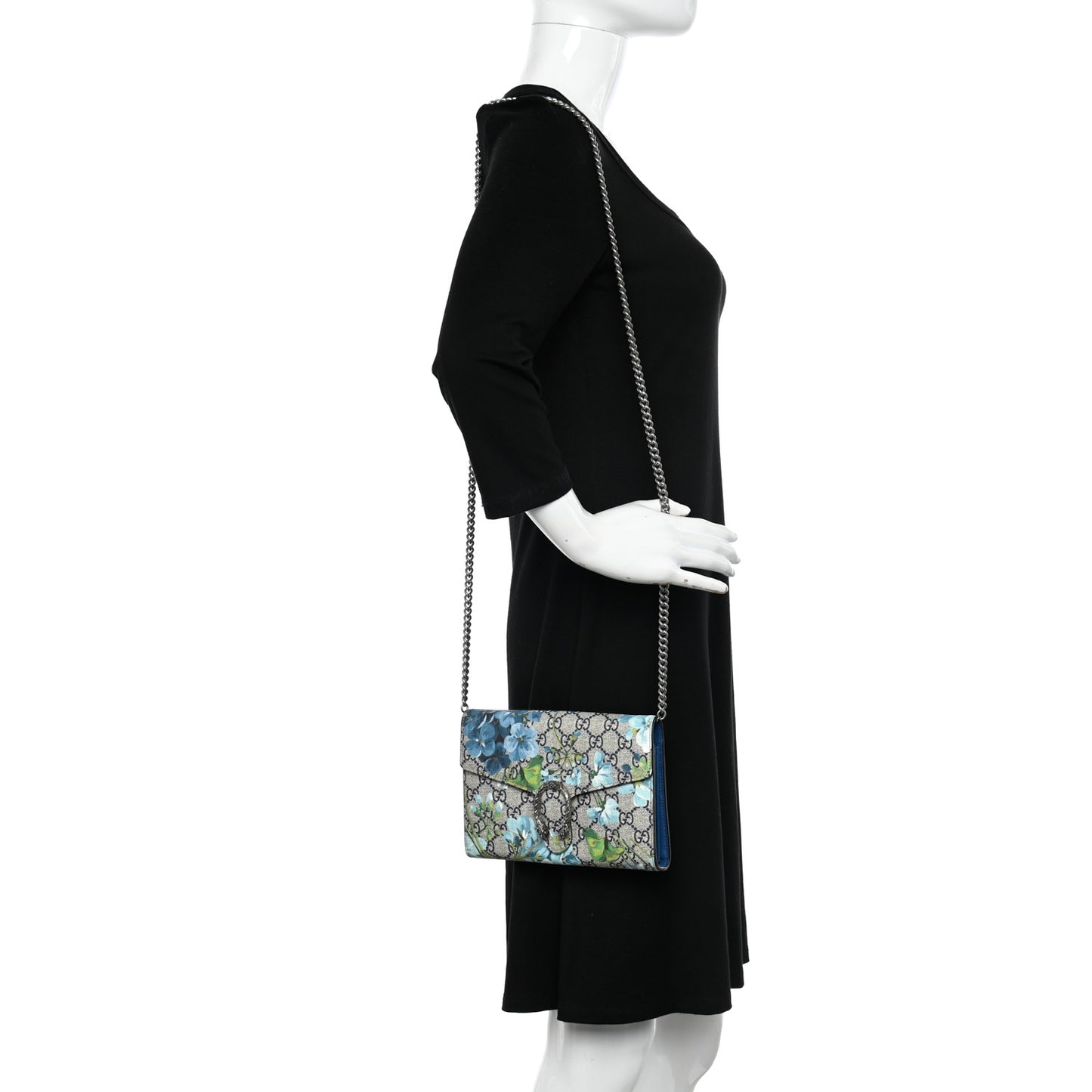 GG Supreme Monogram Blooms Mini Dionysus Chain Wallet Beige Blue Navy Vintage Blue