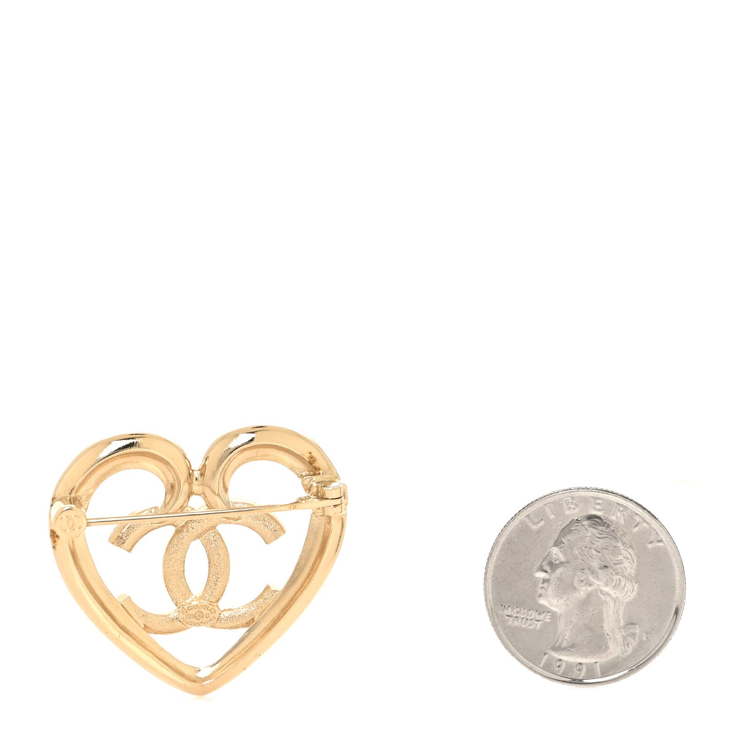 Metal Crystal CC Logo Heart Brooch Gold