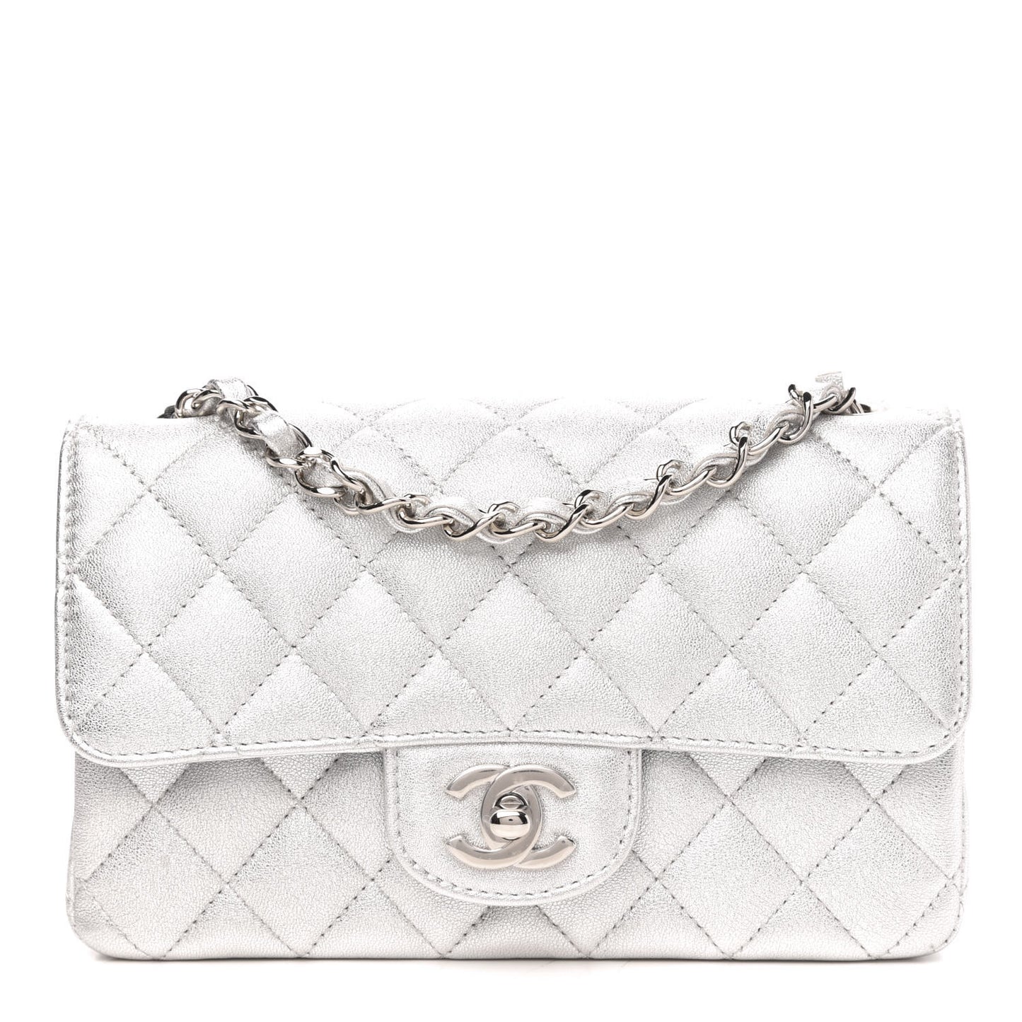 Metallic Lambskin Quilted Mini Rectangular Flap Silver