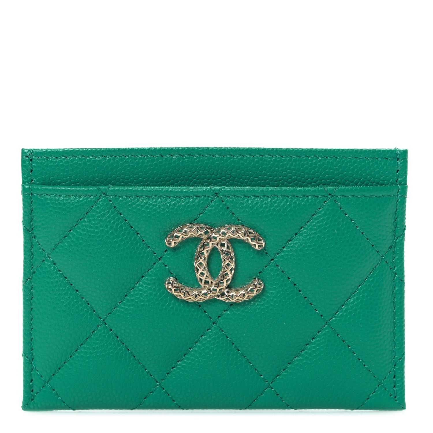 Chanel Caviar Metal Perforated Quilted CC Card Holder Green 1 of 11
