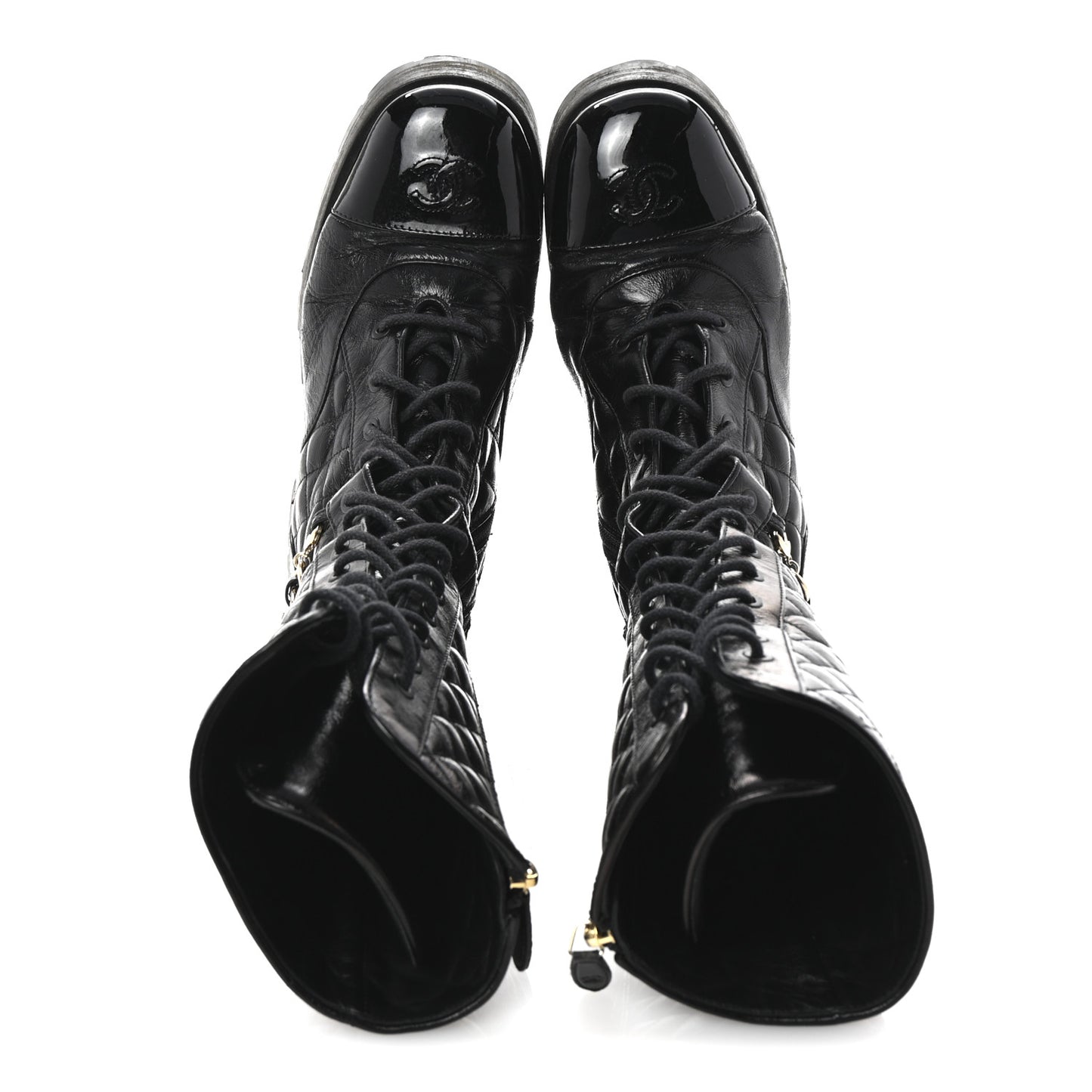 Shiny Calfskin Patent Quilted Chain Lace Up Combat Long Boots 38.5 Black