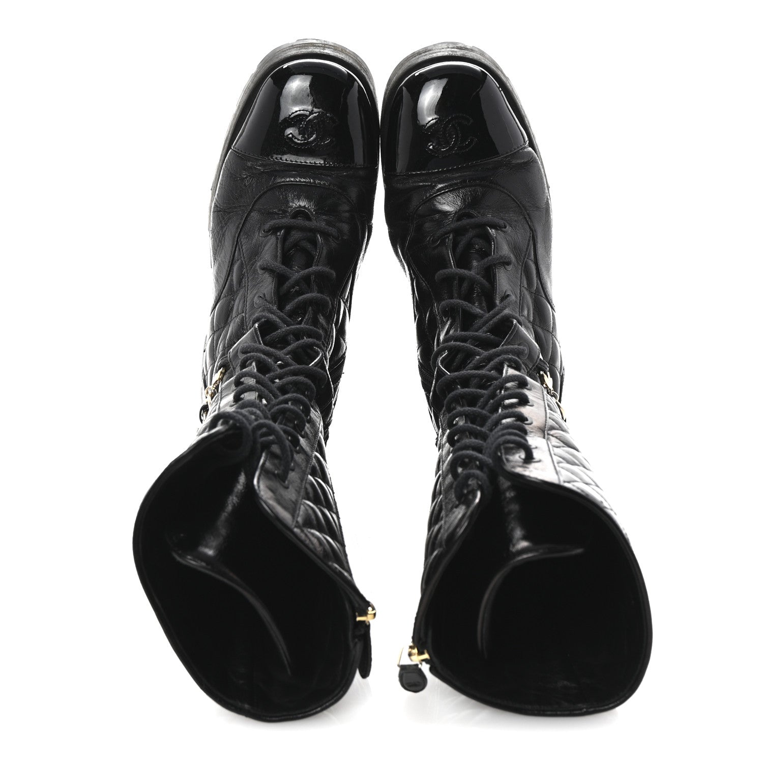 Chanel Shiny Calfskin Patent Quilted Chain Lace Up Combat Long Boots 38.5 Black 2 of 9