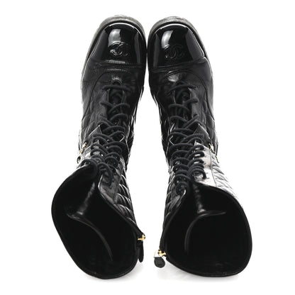 Chanel Shiny Calfskin Patent Quilted Chain Lace Up Combat Long Boots 38.5 Black 2 of 9