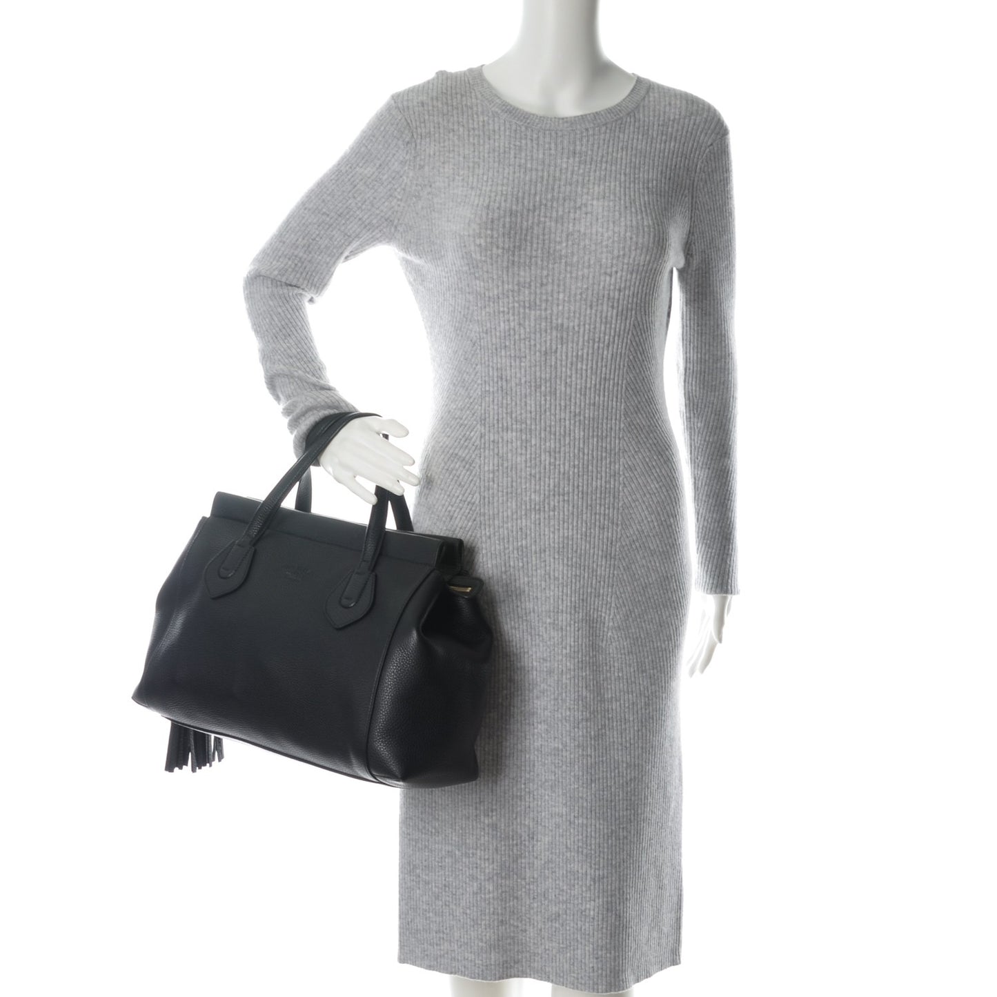Pebbled Calfskin Large Lady Tassel Top Handle Bag Black
