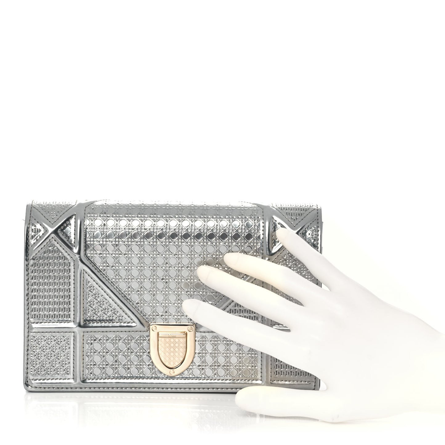 Metallic Patent Micro-Cannage Diorama Wallet on Chain Pouch Silver