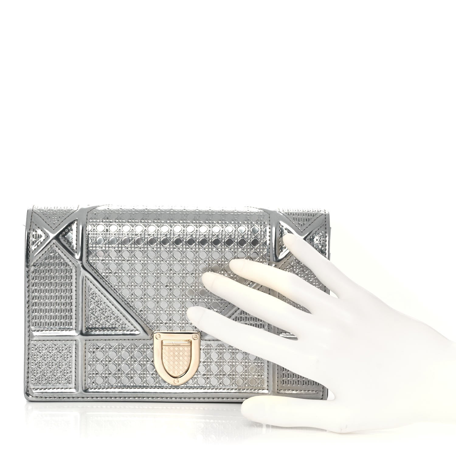 Christian Dior Metallic Patent Micro-Cannage Diorama Wallet on Chain Pouch Silver 2 of 11