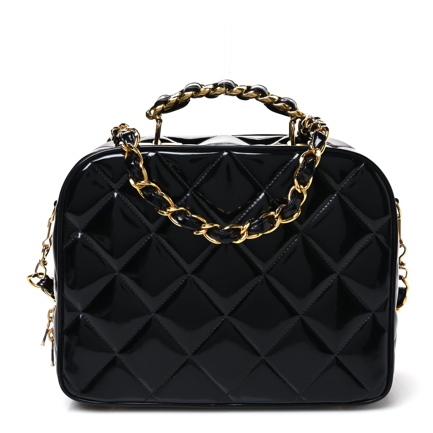 Patent Quilted Top Handle Lunch Box Carryall Shoulder Bag Black