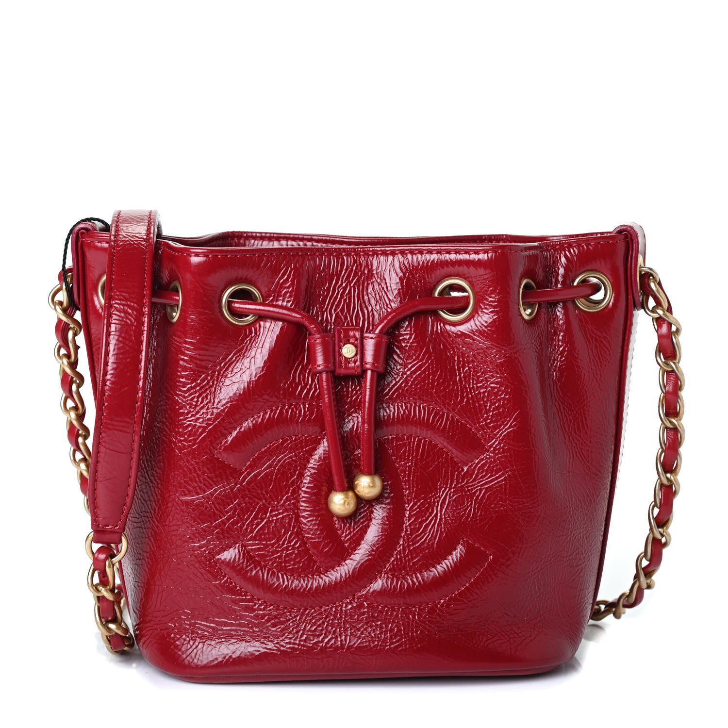 Chanel Shiny Aged Calfskin CC Chain Mini Drawstring Bag Red 1 of 9