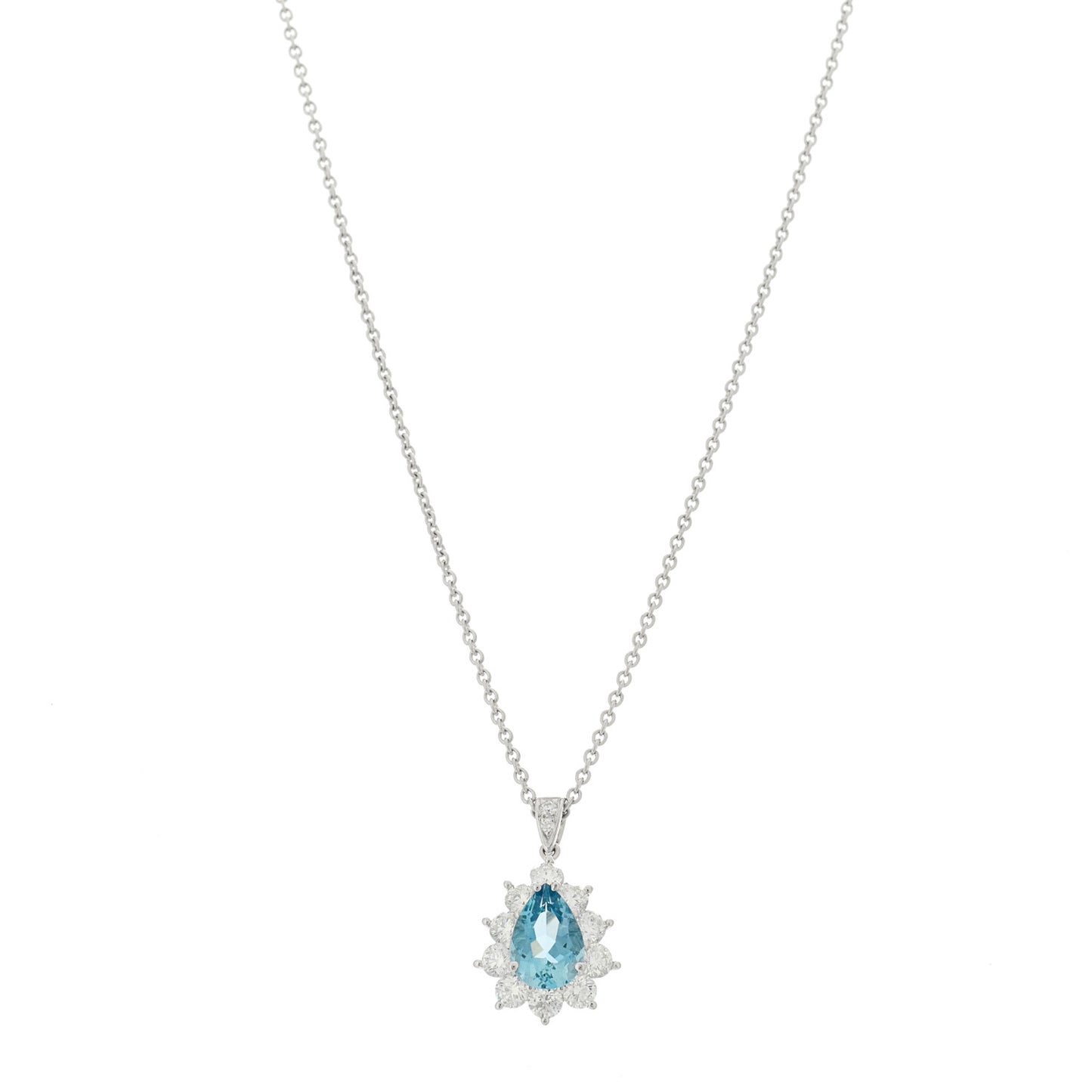 Platinum Diamond Aquamarine Pear Shaped Pendant Necklace