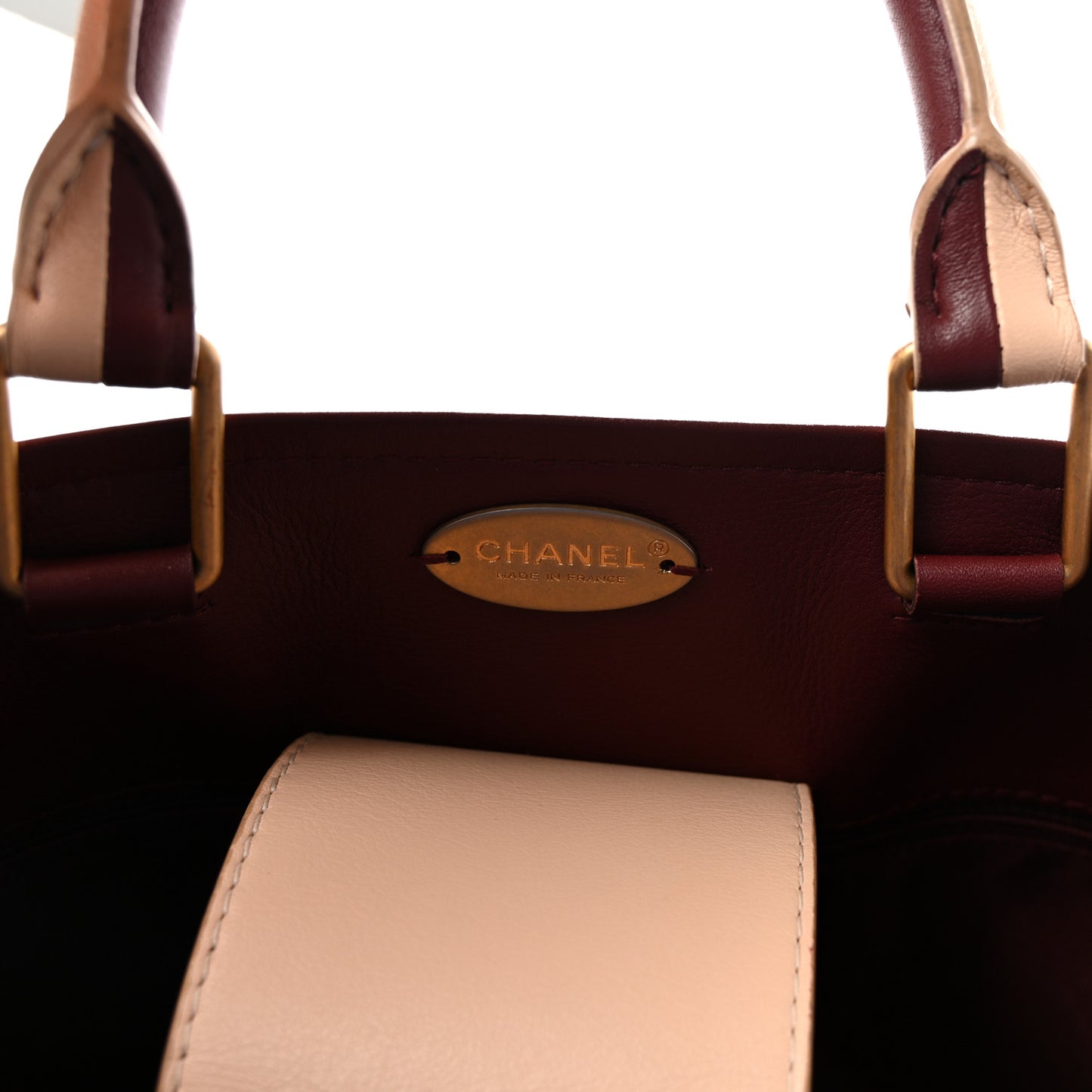 Bullskin Stitched Bi-Color Large Shopping Tote Beige Burgundy