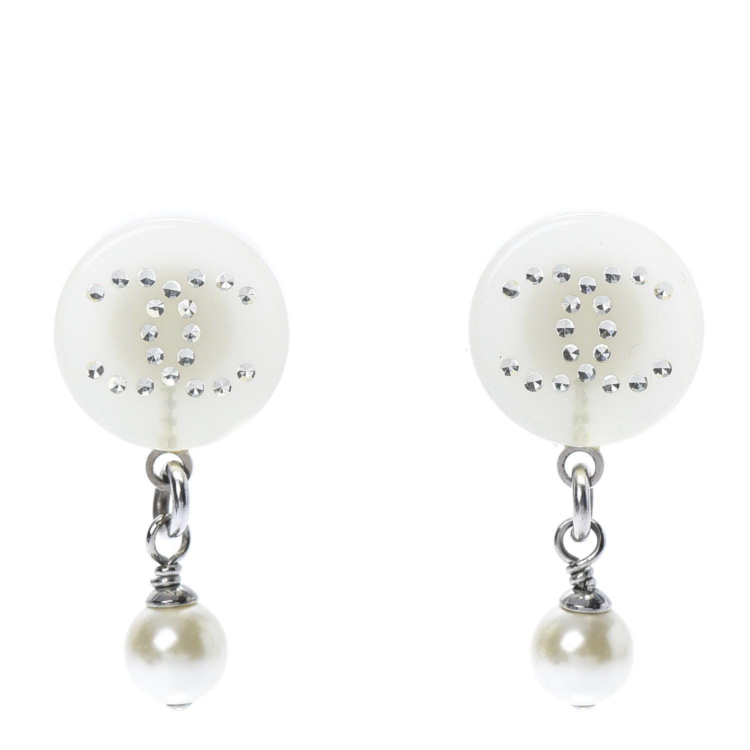 Chanel Resin Crystal CC Drop Earrings Silver 1 of 5