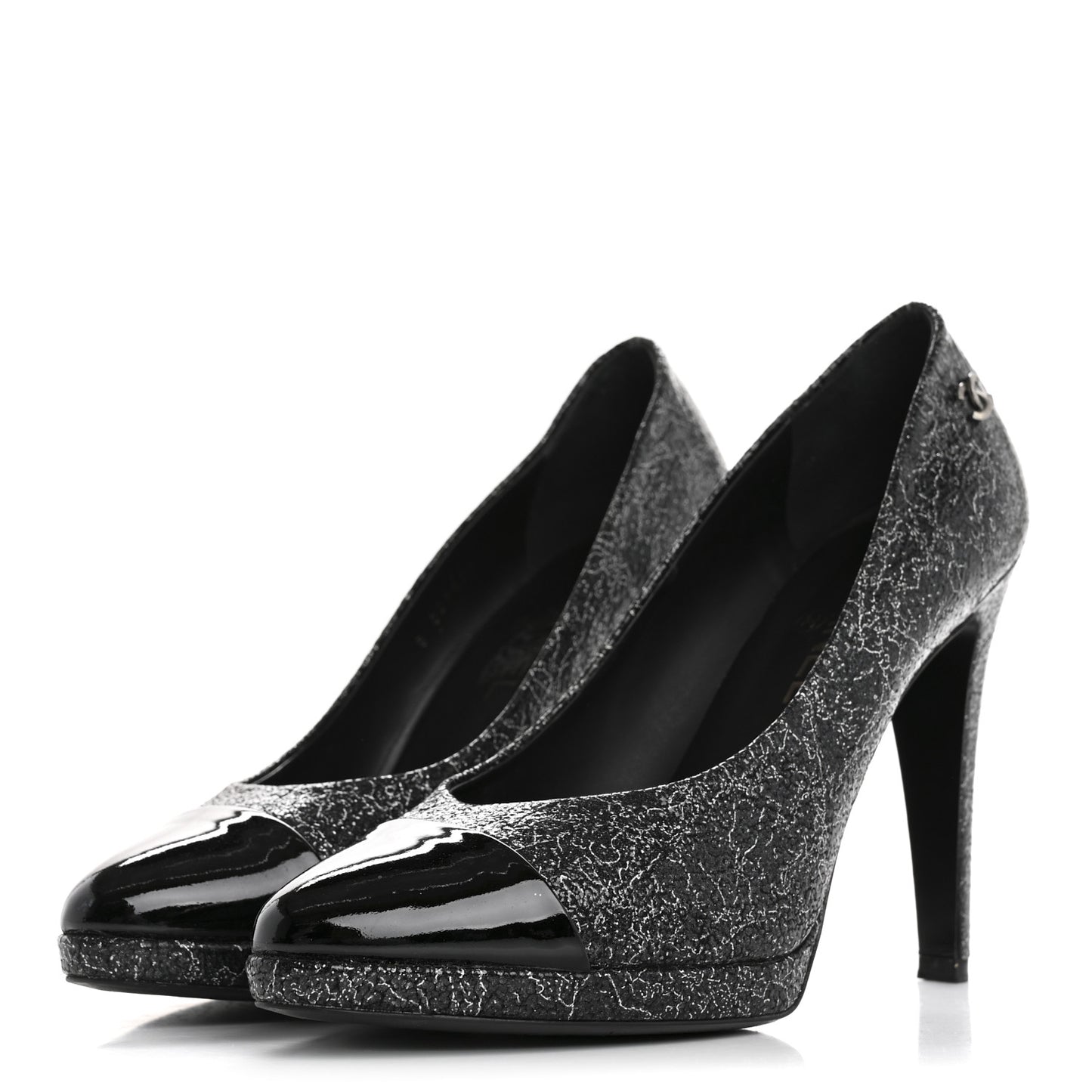 Metallic Crackled Calfskin Patent Cap Toe Pumps 41 Silver Black