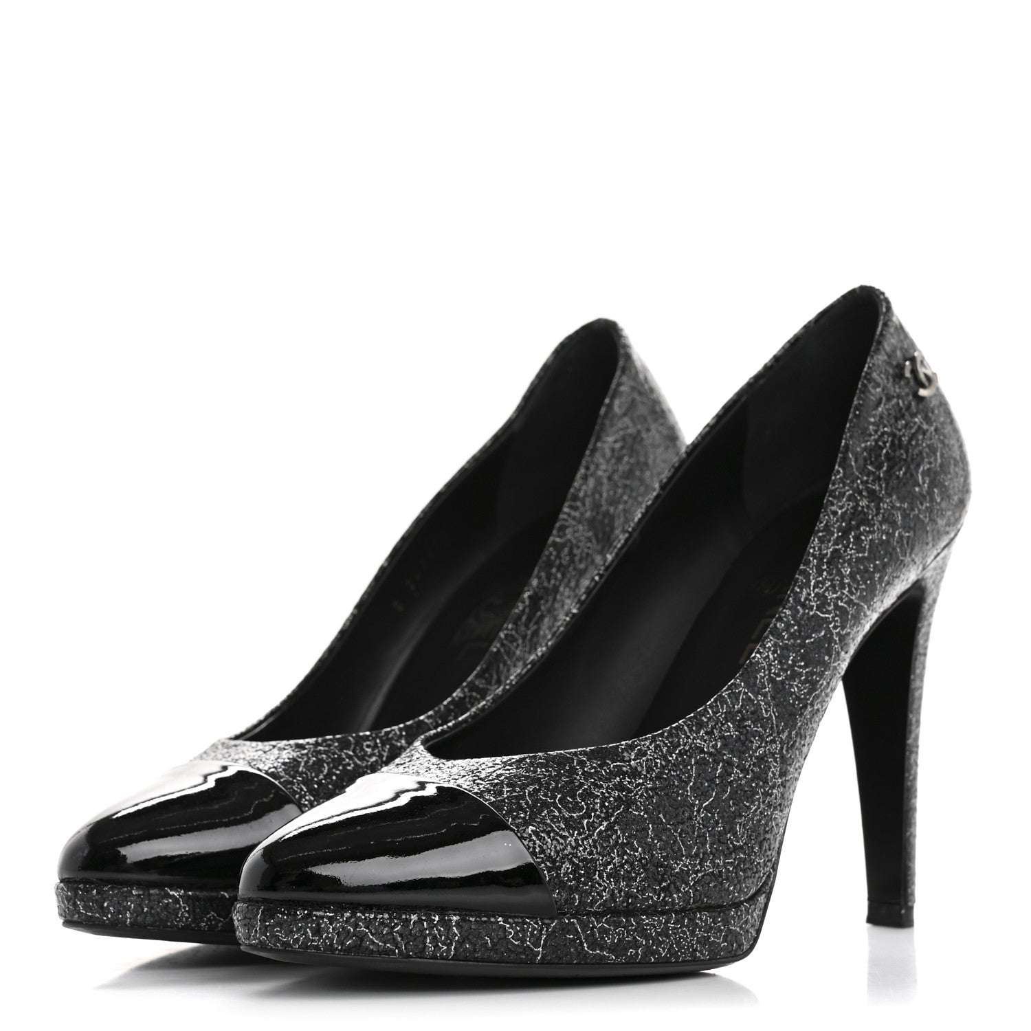 Chanel Metallic Crackled Calfskin Patent Cap Toe Pumps 41 Silver Black 4 of 10