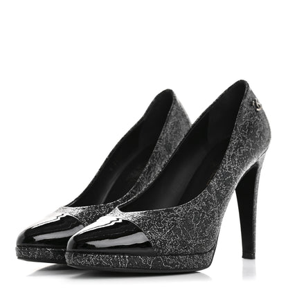 Chanel Metallic Crackled Calfskin Patent Cap Toe Pumps 41 Silver Black 4 of 10