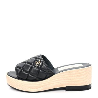 Chanel Lambskin Quilted CC Wedge Sandals 39 Black 1 of 8