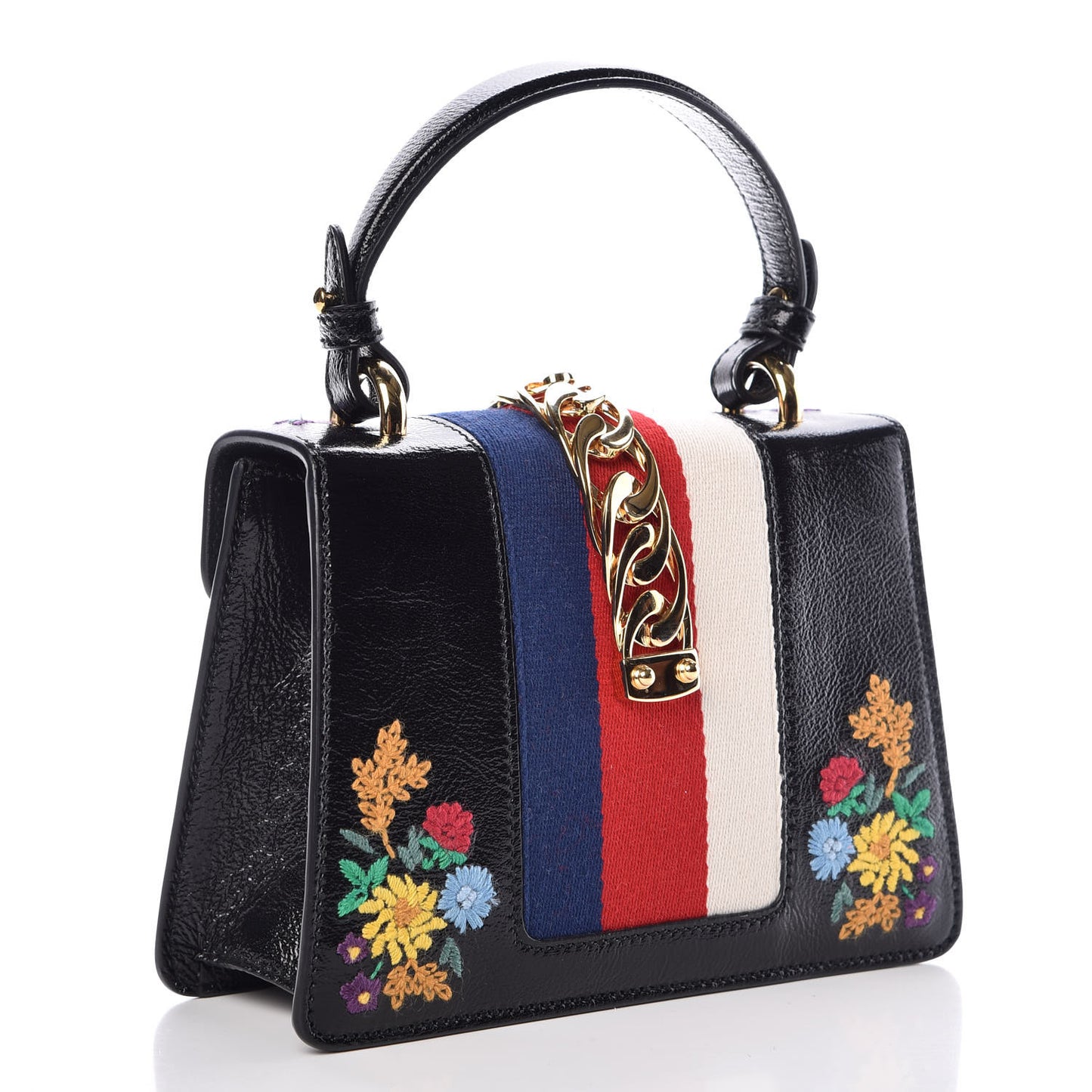 Patent Embroidered Mini Sylvie Top Handle Bag Black