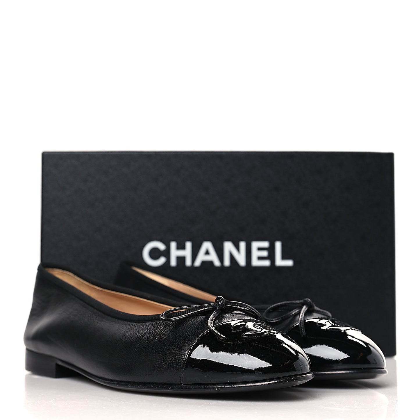 Lambskin Patent Cap Toe Ballerina Flats 38 Black