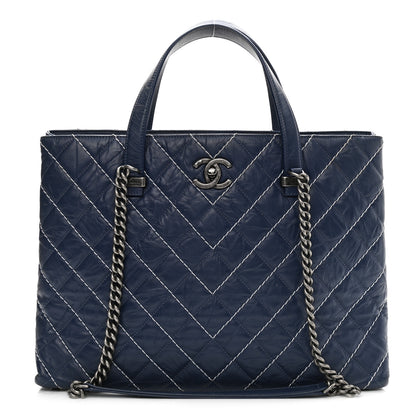 Chanel Calfskin Chevron Stitched Shopping Tote Navy 1 of 17