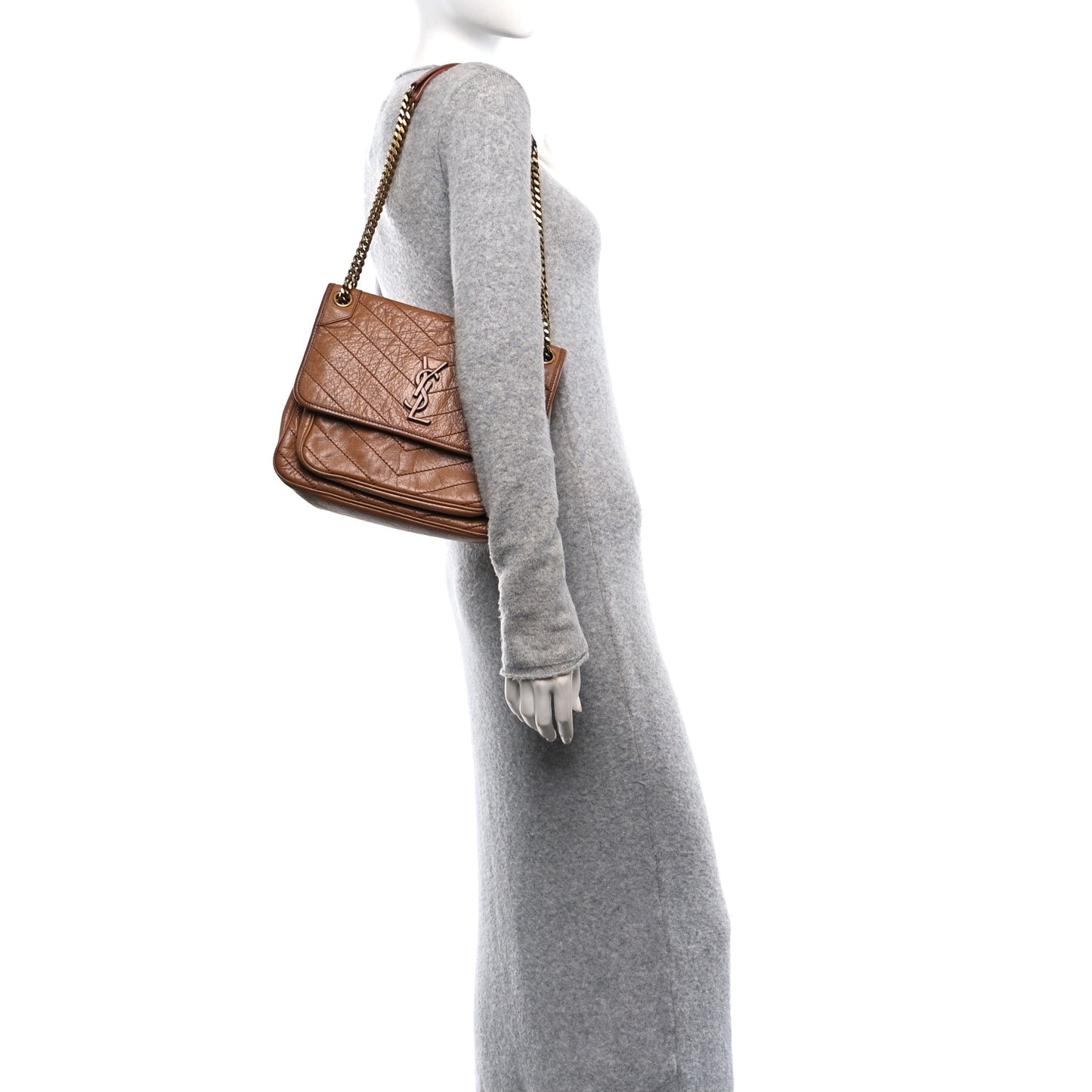 Crinkled Calfskin Matelasse Monogram Medium Niki Chain Satchel Caramel