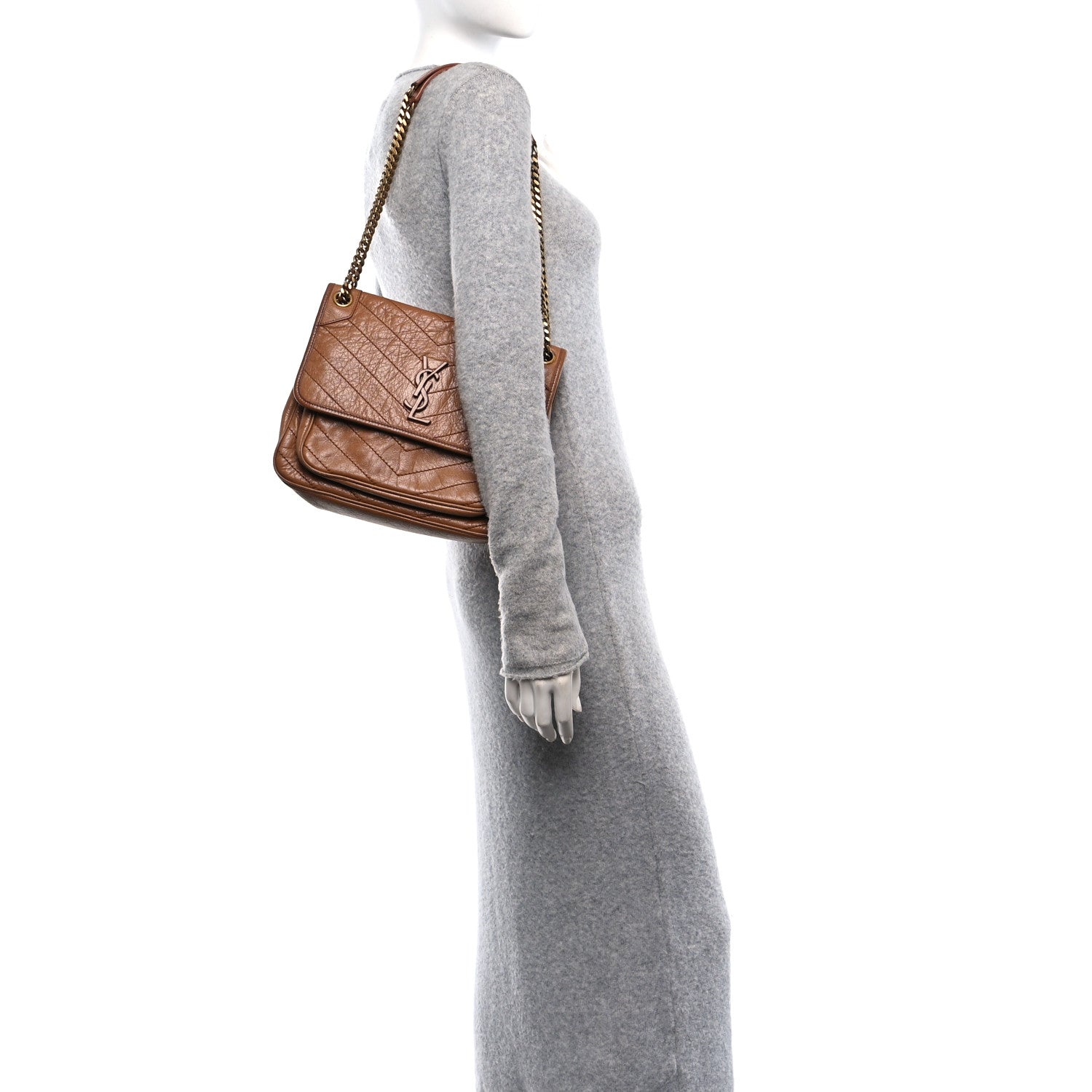 Saint Laurent Crinkled Calfskin Matelasse Monogram Medium Niki Chain Satchel Caramel 2 of 17