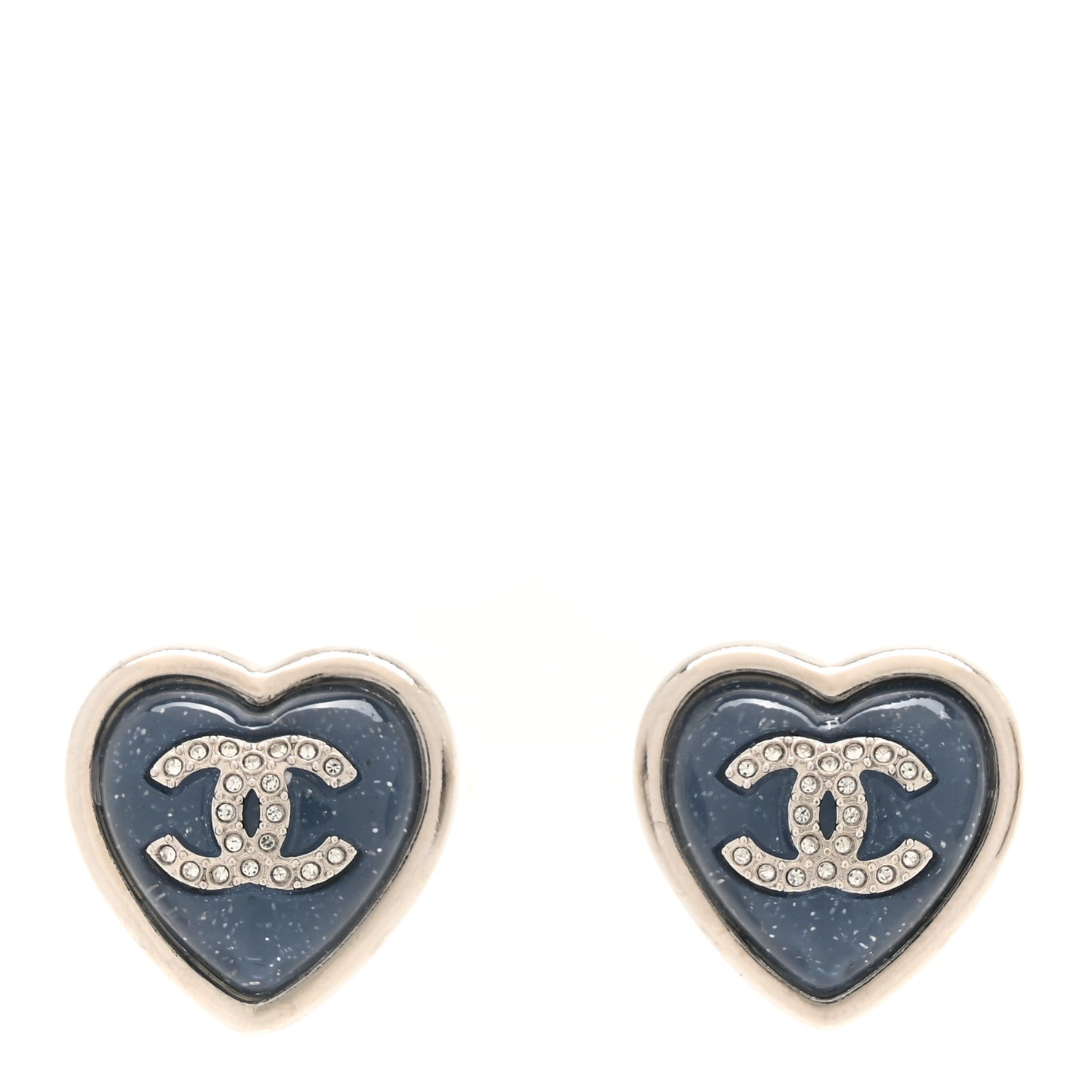 Chanel Resin Crystal CC Heart Earrings Silver Blue 1 of 5