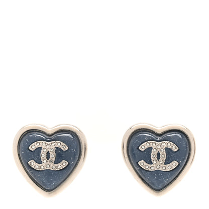 Chanel Resin Crystal CC Heart Earrings Silver Blue 1 of 5