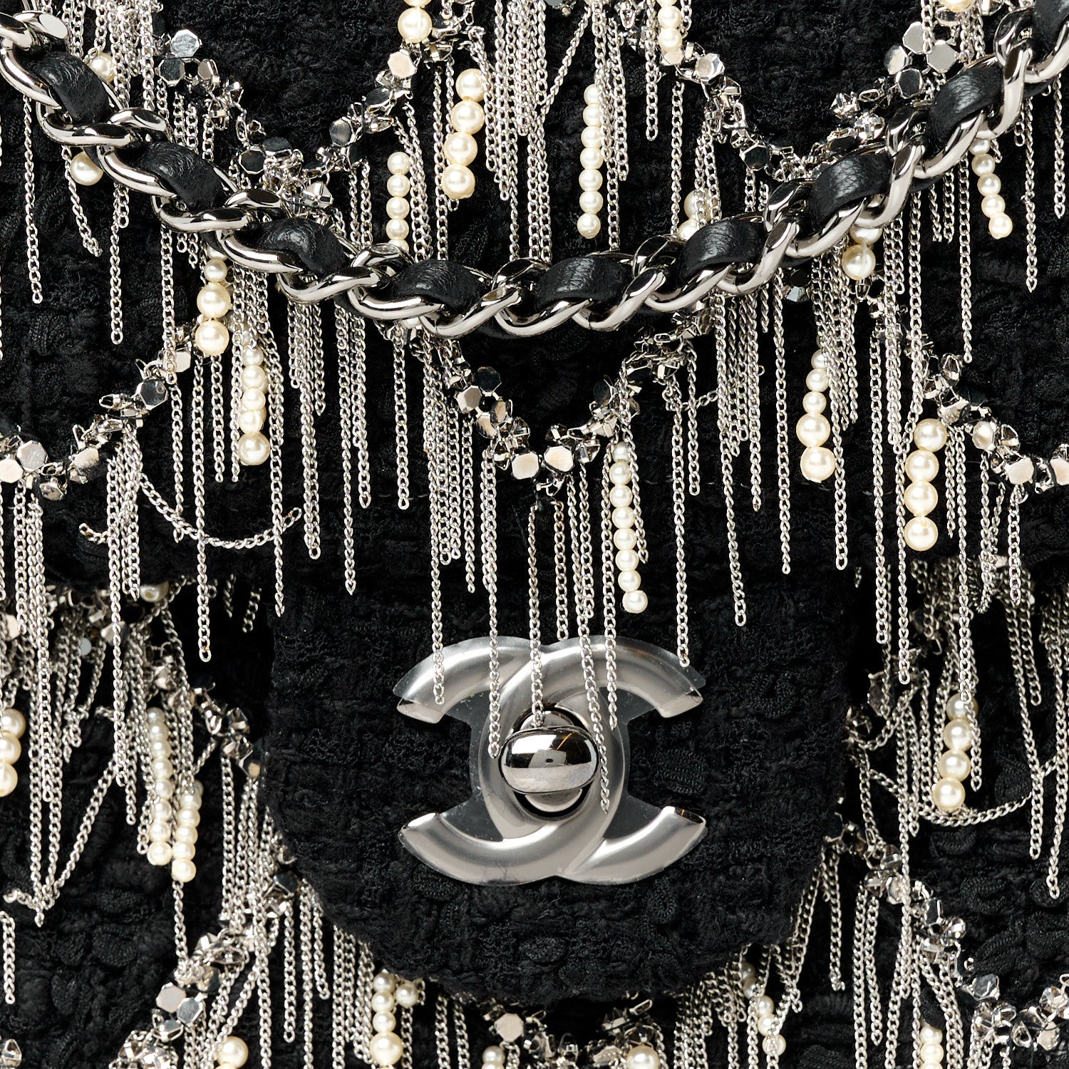 Chanel Tweed Quilted Pearl Fringe Quilted Mini Flap Bag Black Silver 9 of 11