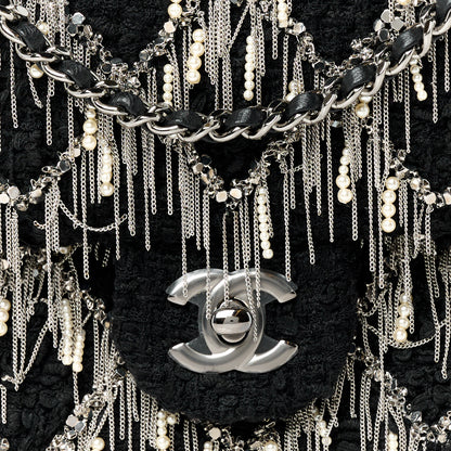 Chanel Tweed Quilted Pearl Fringe Quilted Mini Flap Bag Black Silver 9 of 11