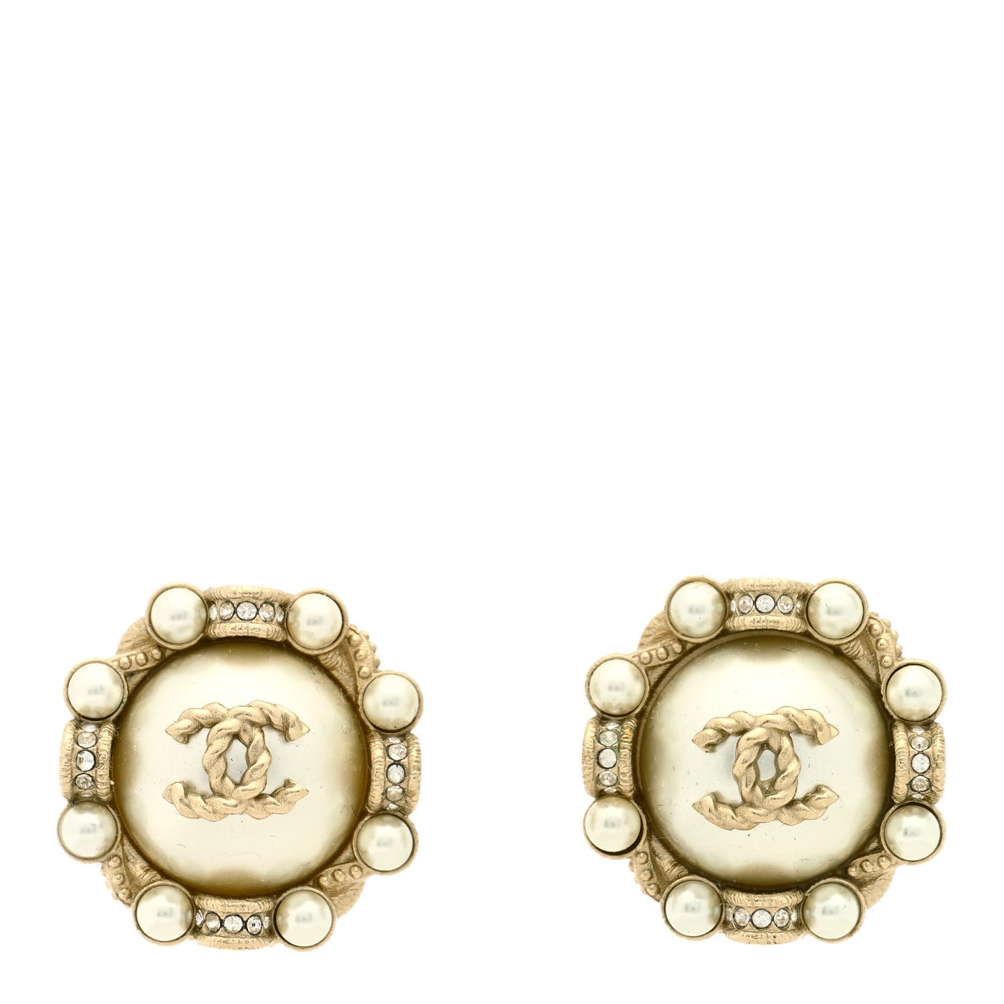 Pearl Crystal CC Round Earrings Gold