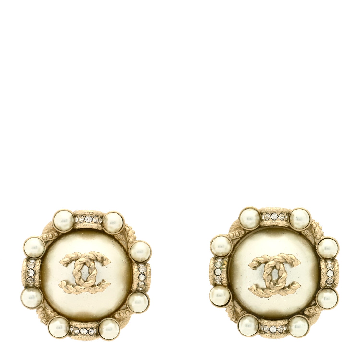 Chanel Pearl Crystal CC Round Earrings Gold 1 of 5
