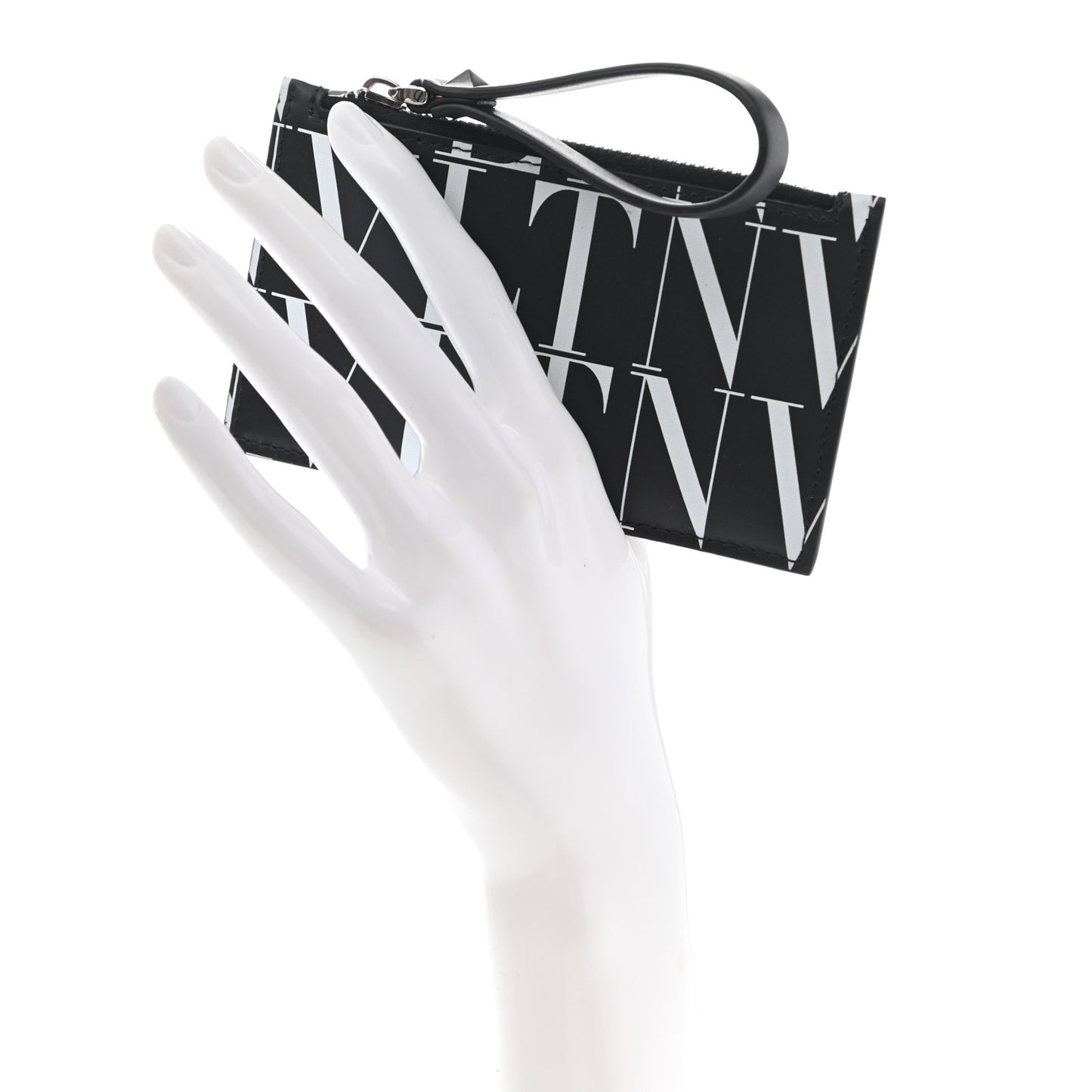 Calfskin VLTN Time Zip Coin Card Case Black White