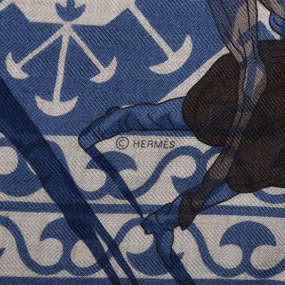 Hermes Cashmere Silk Imprimeur Fou Charabia Shawl 140 Naturel Bleu Sport Poivre 4 of 7