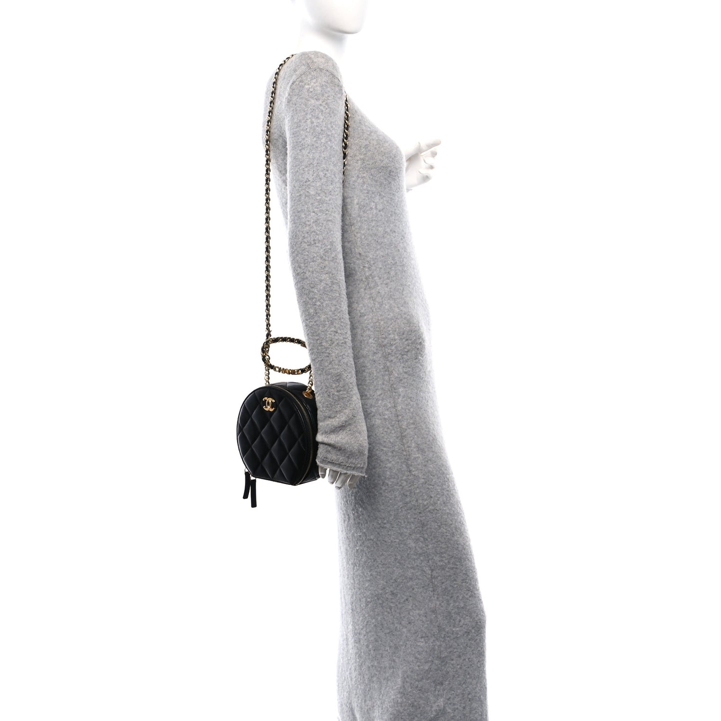 Lambskin Quilted Chain Logo Top Handle Small Round Black