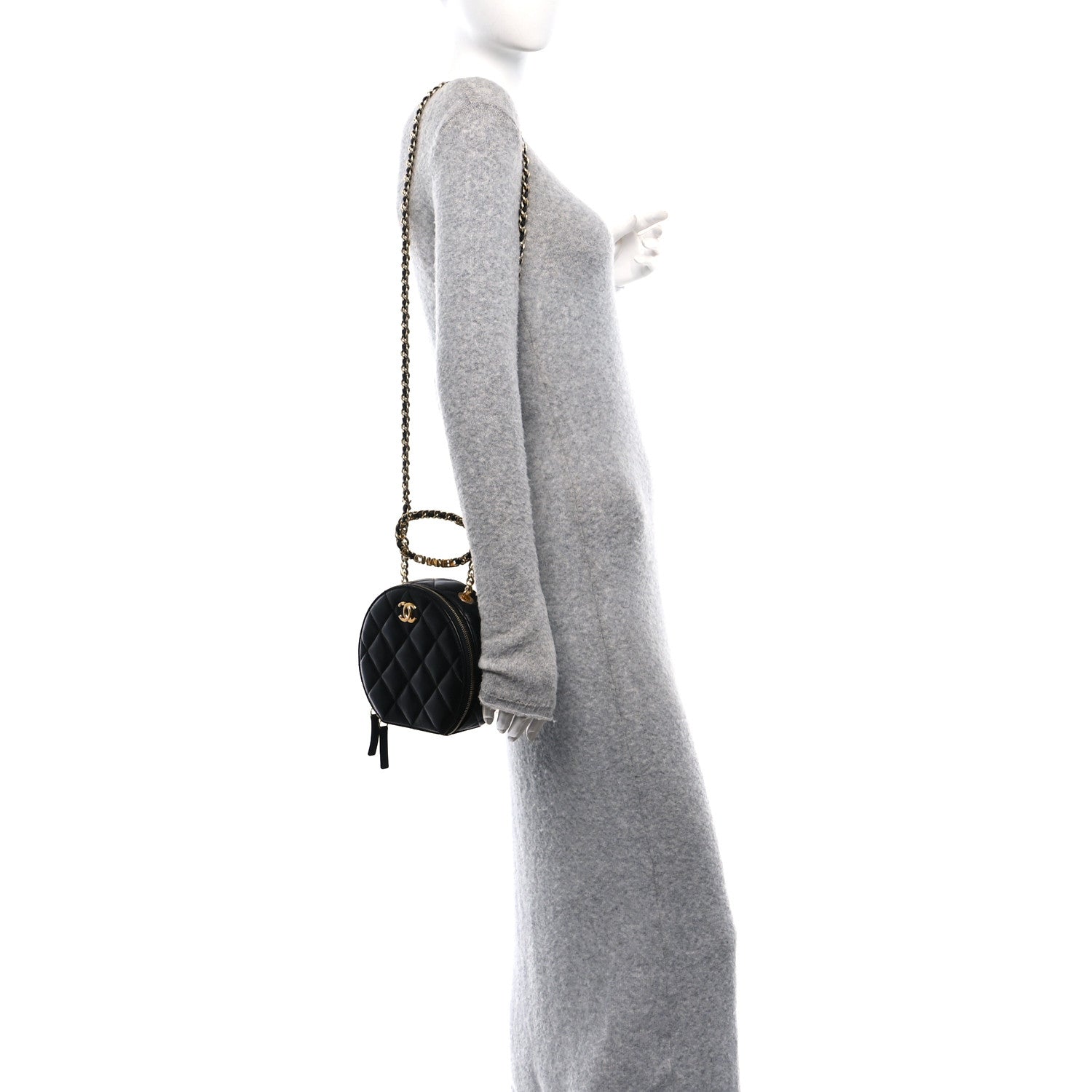 Chanel Lambskin Quilted Chain Logo Top Handle Small Round Black 3 of 11