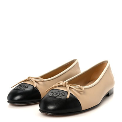 Chanel Lambskin Cap Toe CC Ballerina Flats 37 Beige Black 4 of 10