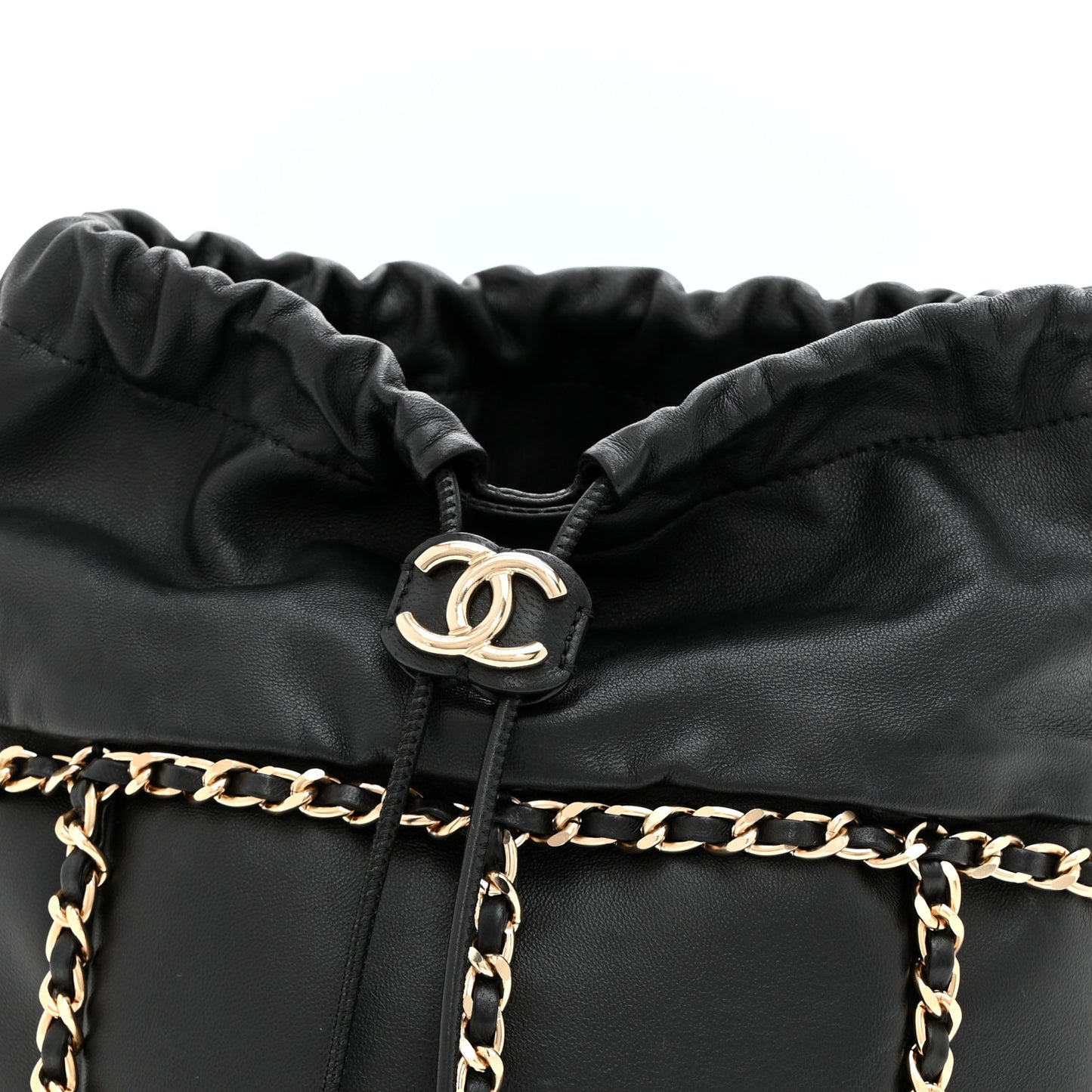 Lambskin Bucket Chain Drawstring Bag Black