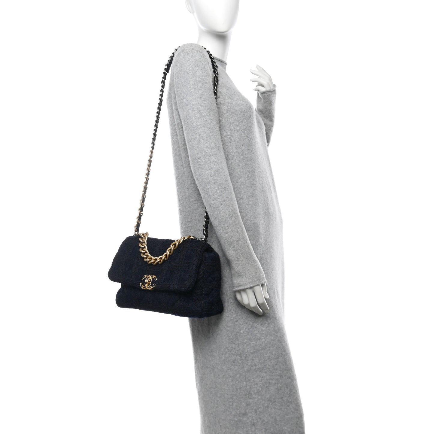 Tweed Quilted Large Chanel 19 Flap Navy Blue