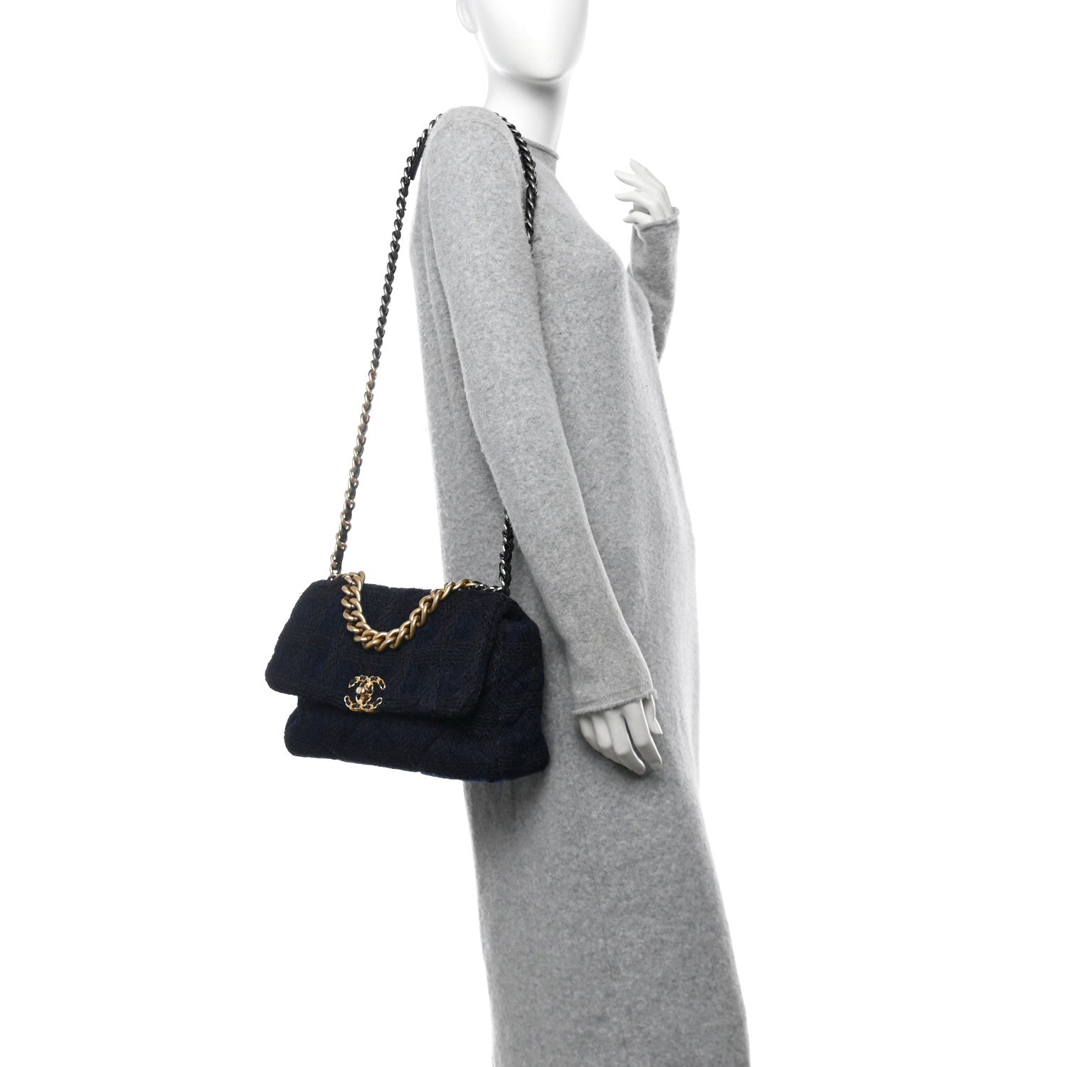 Chanel Tweed Quilted Large Chanel 19 Flap Navy Blue 2 of 11