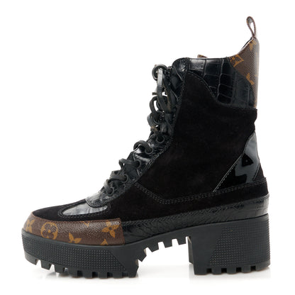 Louis Vuitton Suede Calfskin Crocodile Embossed Patent Monogram Laureate Platform Desert Boots 38 Black 1 of 8